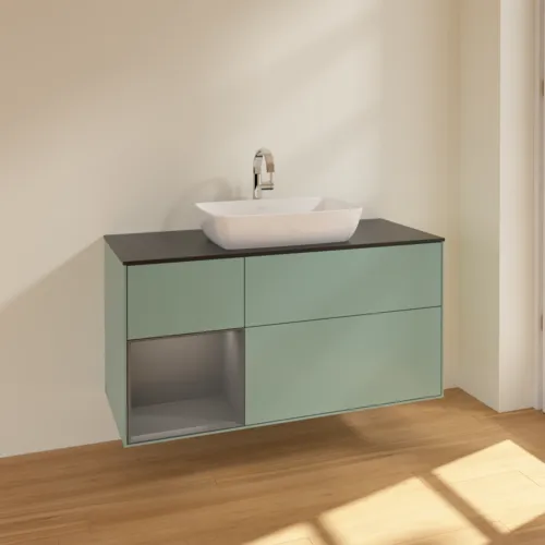 VILLEROY BOCH Toaletní skříňka Finion, s osvětlením, 3 výsuvy, 1200 x 603 x 501 mm, olivový matný lak / antracitový matný lak / černé matné sklo #F822GKGM, obrázek 2