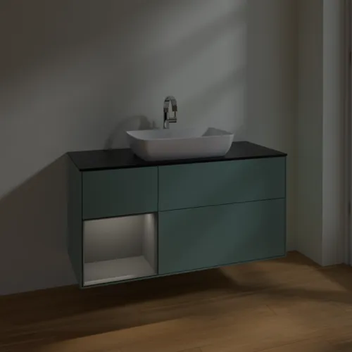 VILLEROY BOCH Toaletní skříňka Finion, s osvětlením, 3 výsuvy, 1200 x 603 x 501 mm, olivový matný lak / antracitový matný lak / černé matné sklo #F822GKGM, obrázek 5