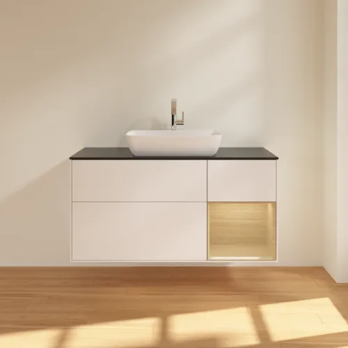 VILLEROY BOCH Toaletní skříňka Finion, s osvětlením, 3 výsuvy, 1200 x 603 x 501 mm, bílý matný lak / dubová dýha / černé matné sklo #F832PCMT, obrázek 3