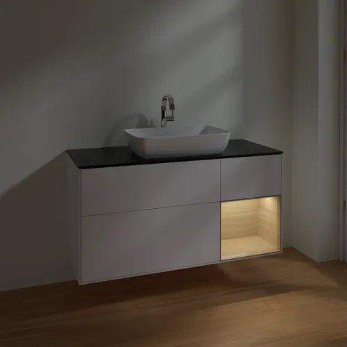 VILLEROY BOCH Toaletní skříňka Finion, s osvětlením, 3 výsuvy, 1200 x 603 x 501 mm, bílý matný lak / dubová dýha / černé matné sklo #F832PCMT, obrázek 5