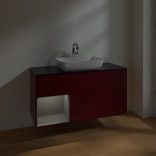 VILLEROY BOCH Toaletní skříňka Finion, s osvětlením, 3 výsuvy, 1200 x 603 x 501 mm, Pivoňka matný lak / Antracit matný lak / Sklo černé matné #F822GKHB, obrázek 5