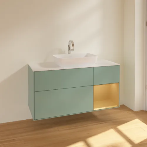VILLEROY BOCH Toaletní skříňka Finion, s osvětlením, 3 výsuvy, 1200 x 603 x 501 mm, olivový matný lak / zlatý matný lak / bílé matné sklo #F831HFGM, obrázek 2