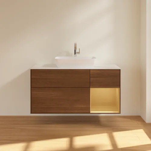 VILLEROY BOCH Toaletní skříňka Finion, s osvětlením, 3 výsuvy, 1200 x 603 x 501 mm, ořechová dýha / zlatý matný lak / sklo bílé matné #F831HFGN, obrázek 3