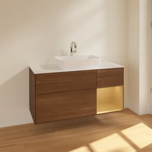 VILLEROY BOCH Toaletní skříňka Finion, s osvětlením, 3 výsuvy, 1200 x 603 x 501 mm, ořechová dýha / zlatý matný lak / sklo bílé matné #F831HFGN, obrázek 2