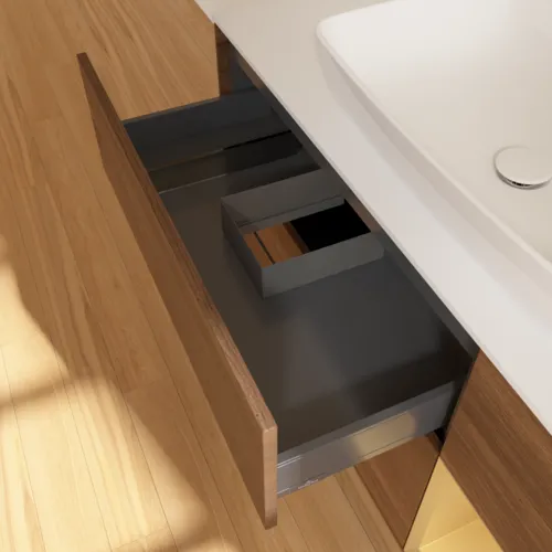 VILLEROY BOCH Toaletní skříňka Finion, s osvětlením, 3 výsuvy, 1200 x 603 x 501 mm, ořechová dýha / zlatý matný lak / sklo bílé matné #F831HFGN, obrázek 8