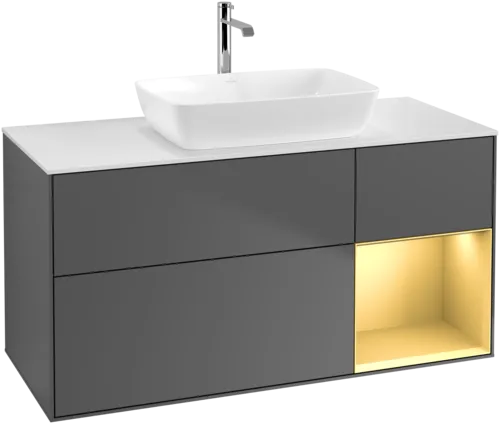 VILLEROY BOCH Toaletní skříňka Finion, s osvětlením, 3 výsuvy, 1200 x 603 x 501 mm, antracitový matný lak / zlatý matný lak / bílé matné sklo #F831HFGK, obrázek 1
