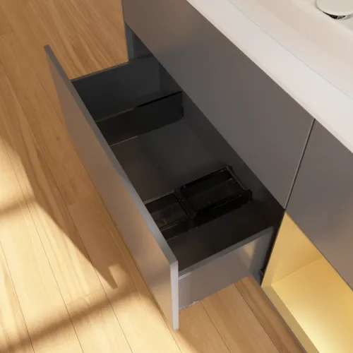 VILLEROY BOCH Toaletní skříňka Finion, s osvětlením, 3 výsuvy, 1200 x 603 x 501 mm, antracitový matný lak / zlatý matný lak / bílé matné sklo #F831HFGK, obrázek 7