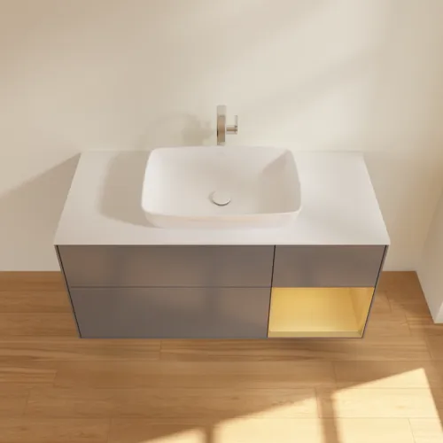 VILLEROY BOCH Toaletní skříňka Finion, s osvětlením, 3 výsuvy, 1200 x 603 x 501 mm, antracitový matný lak / zlatý matný lak / bílé matné sklo #F831HFGK, obrázek 4