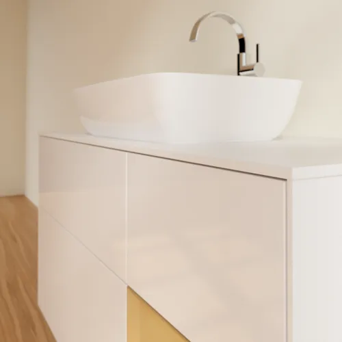 VILLEROY BOCH Toaletní skříňka Finion, s osvětlením, 3 výsuvy, 1200 x 603 x 501 mm, lesklý bílý lak / zlatý matný lak / bílé matné sklo #F831HFGF, obrázek 6