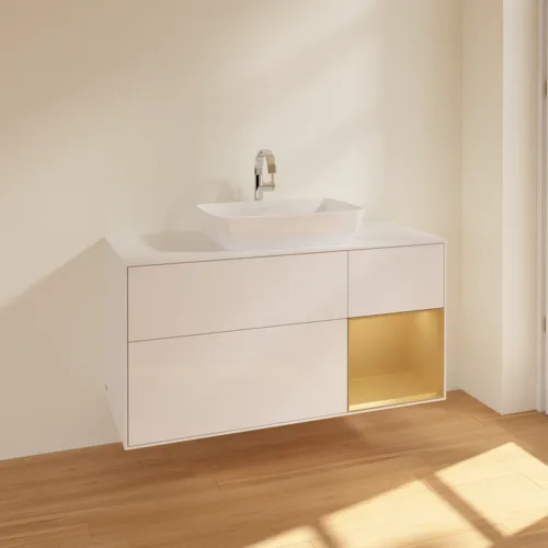 VILLEROY BOCH Toaletní skříňka Finion, s osvětlením, 3 výsuvy, 1200 x 603 x 501 mm, lesklý bílý lak / zlatý matný lak / bílé matné sklo #F831HFGF, obrázek 2