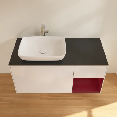 VILLEROY BOCH Toaletní skříňka Finion, s osvětlením, 3 výsuvy, 1200 x 603 x 501 mm, lesklý bílý lak / matný lak Pivoňka / matné černé sklo #F812HBGF, obrázek 4