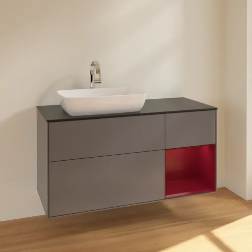 VILLEROY BOCH Toaletní skříňka Finion, s osvětlením, 3 výsuvy, 1200 x 603 x 501 mm, antracitový matný lak / pivoňkový matný lak / černé matné sklo #F812HBGK, obrázek 2