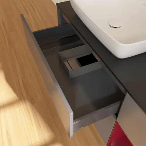 VILLEROY BOCH Toaletní skříňka Finion, s osvětlením, 3 výsuvy, 1200 x 603 x 501 mm, antracitový matný lak / pivoňkový matný lak / černé matné sklo #F812HBGK, obrázek 8