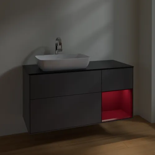 VILLEROY BOCH Toaletní skříňka Finion, s osvětlením, 3 výsuvy, 1200 x 603 x 501 mm, antracitový matný lak / pivoňkový matný lak / černé matné sklo #F812HBGK, obrázek 5