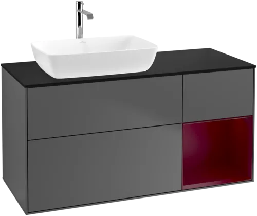 VILLEROY BOCH Toaletní skříňka Finion, s osvětlením, 3 výsuvy, 1200 x 603 x 501 mm, antracitový matný lak / pivoňkový matný lak / černé matné sklo #F812HBGK, obrázek 1