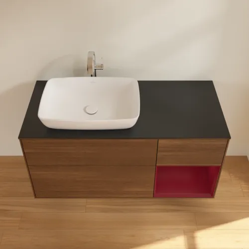 VILLEROY BOCH Toaletní skříňka Finion, s osvětlením, 3 výsuvy, 1200 x 603 x 501 mm, ořechová dýha / matný lak Pivoňka / černé matné sklo #F812HBGN, obrázek 4