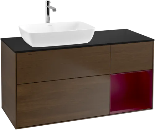 VILLEROY BOCH Toaletní skříňka Finion, s osvětlením, 3 výsuvy, 1200 x 603 x 501 mm, ořechová dýha / matný lak Pivoňka / černé matné sklo #F812HBGN, obrázek 1