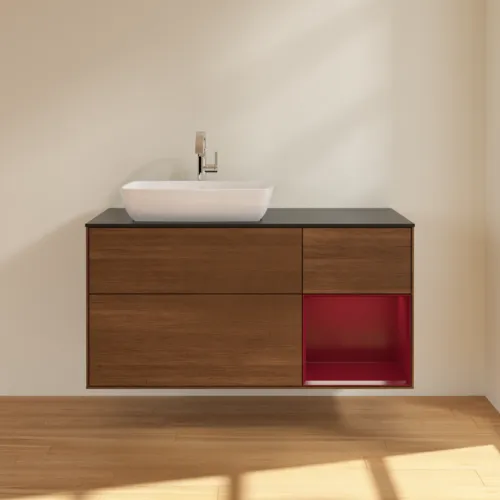 VILLEROY BOCH Toaletní skříňka Finion, s osvětlením, 3 výsuvy, 1200 x 603 x 501 mm, ořechová dýha / matný lak Pivoňka / černé matné sklo #F812HBGN, obrázek 3