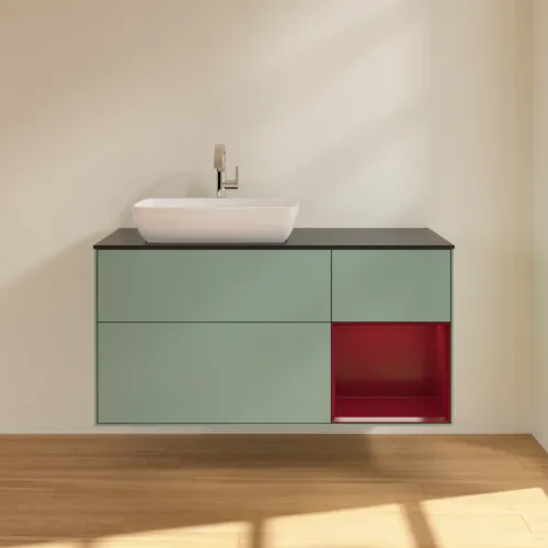 VILLEROY BOCH Toaletní skříňka Finion, s osvětlením, 3 výsuvy, 1200 x 603 x 501 mm, olivový matný lak / pivoňkový matný lak / černé matné sklo #F812HBGM, obrázek 3