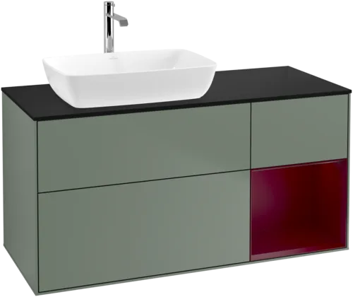 VILLEROY BOCH Toaletní skříňka Finion, s osvětlením, 3 výsuvy, 1200 x 603 x 501 mm, olivový matný lak / pivoňkový matný lak / černé matné sklo #F812HBGM, obrázek 1