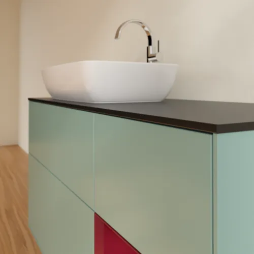 VILLEROY BOCH Toaletní skříňka Finion, s osvětlením, 3 výsuvy, 1200 x 603 x 501 mm, olivový matný lak / pivoňkový matný lak / černé matné sklo #F812HBGM, obrázek 6