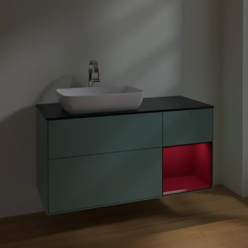 VILLEROY BOCH Toaletní skříňka Finion, s osvětlením, 3 výsuvy, 1200 x 603 x 501 mm, olivový matný lak / pivoňkový matný lak / černé matné sklo #F812HBGM, obrázek 5