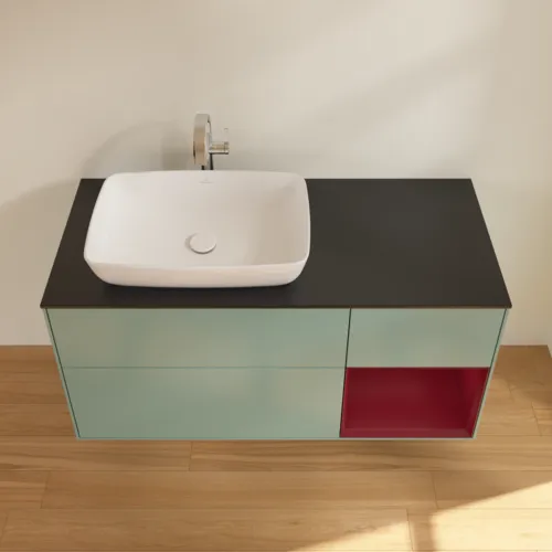 VILLEROY BOCH Toaletní skříňka Finion, s osvětlením, 3 výsuvy, 1200 x 603 x 501 mm, olivový matný lak / pivoňkový matný lak / černé matné sklo #F812HBGM, obrázek 4