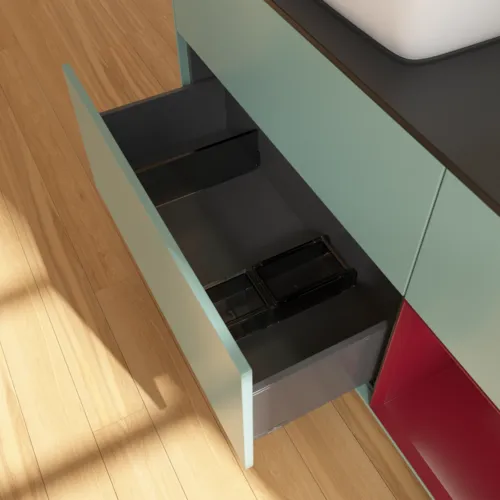 VILLEROY BOCH Toaletní skříňka Finion, s osvětlením, 3 výsuvy, 1200 x 603 x 501 mm, olivový matný lak / pivoňkový matný lak / černé matné sklo #F812HBGM, obrázek 7