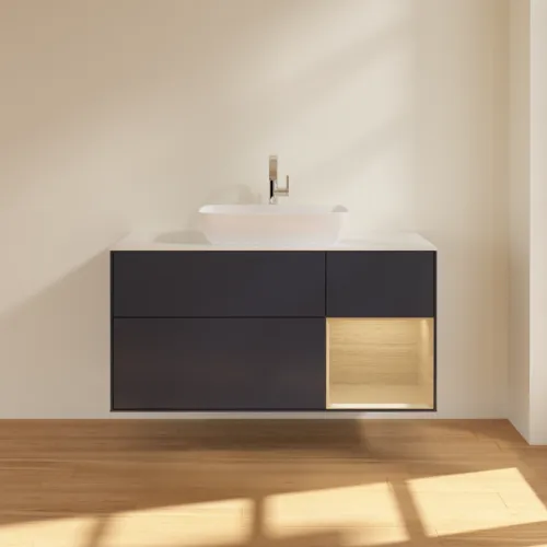 VILLEROY BOCH Toaletní skříňka Finion, s osvětlením, 3 výsuvy, 1200 x 603 x 501 mm, matný lak Midnight Blue / dubová dýha / matné bílé sklo #F831PCHG, obrázek 3