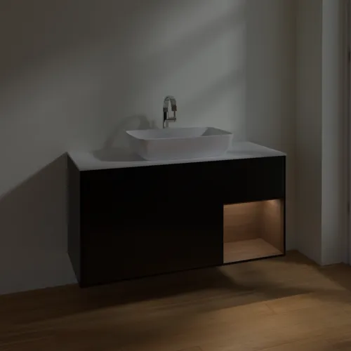 VILLEROY BOCH Toaletní skříňka Finion, s osvětlením, 3 výsuvy, 1200 x 603 x 501 mm, černý matný lak / ořechová dýha / bílé matné sklo #F831GNPD, obrázek 5