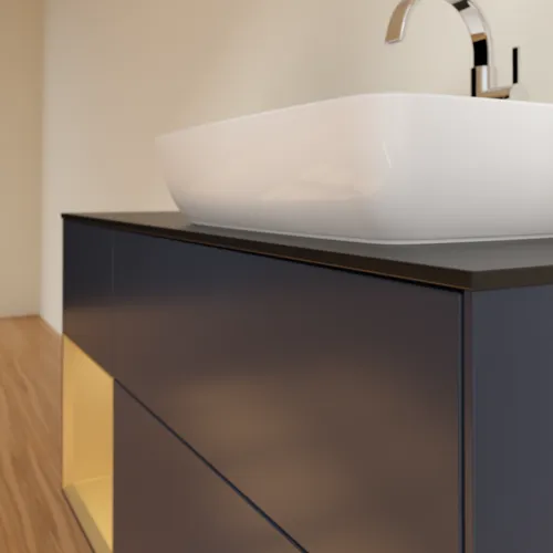 VILLEROY BOCH Toaletní skříňka Finion, s osvětlením, 3 výsuvy, 1200 x 603 x 501 mm, Midnight Blue Matt Lacquer / Gold Matt Lacquer / Glass Black Matt #F802HFHG, obrázek 5