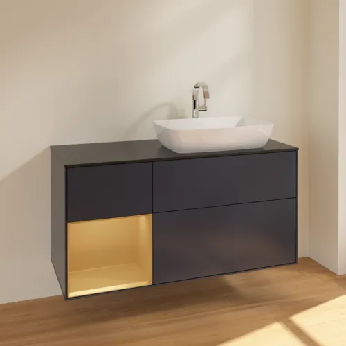 VILLEROY BOCH Toaletní skříňka Finion, s osvětlením, 3 výsuvy, 1200 x 603 x 501 mm, Midnight Blue Matt Lacquer / Gold Matt Lacquer / Glass Black Matt #F802HFHG, obrázek 2