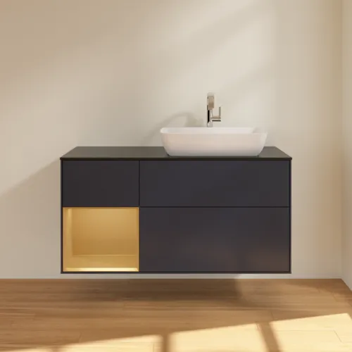 VILLEROY BOCH Toaletní skříňka Finion, s osvětlením, 3 výsuvy, 1200 x 603 x 501 mm, Midnight Blue Matt Lacquer / Gold Matt Lacquer / Glass Black Matt #F802HFHG, obrázek 3