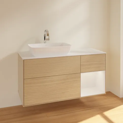 VILLEROY BOCH Toaletní skříňka Finion, s osvětlením, 3 výsuvy, 1200 x 603 x 501 mm, dubová dýha / lesklý bílý lak / sklo bílé matné #F811GFPC, obrázek 2