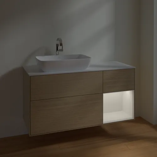 VILLEROY BOCH Toaletní skříňka Finion, s osvětlením, 3 výsuvy, 1200 x 603 x 501 mm, dubová dýha / lesklý bílý lak / sklo bílé matné #F811GFPC, obrázek 5