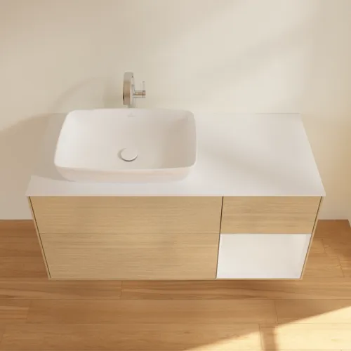 VILLEROY BOCH Toaletní skříňka Finion, s osvětlením, 3 výsuvy, 1200 x 603 x 501 mm, dubová dýha / lesklý bílý lak / sklo bílé matné #F811GFPC, obrázek 4