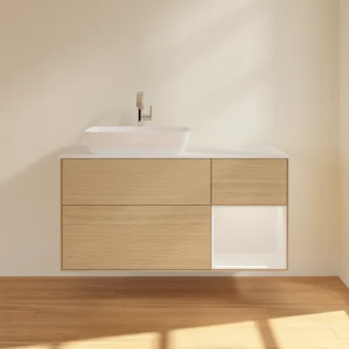 VILLEROY BOCH Toaletní skříňka Finion, s osvětlením, 3 výsuvy, 1200 x 603 x 501 mm, dubová dýha / lesklý bílý lak / sklo bílé matné #F811GFPC, obrázek 3