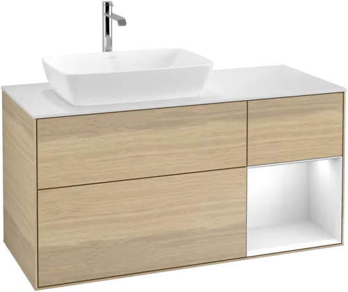 VILLEROY BOCH Toaletní skříňka Finion, s osvětlením, 3 výsuvy, 1200 x 603 x 501 mm, dubová dýha / lesklý bílý lak / sklo bílé matné #F811GFPC