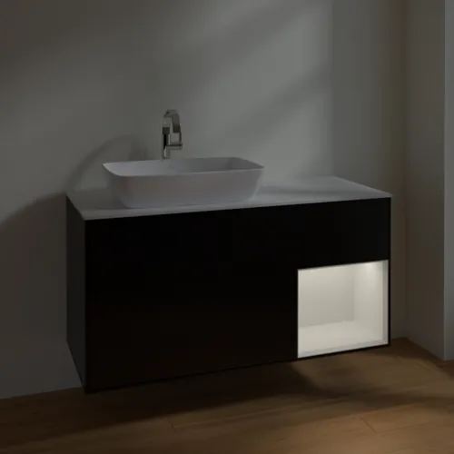 VILLEROY BOCH Toaletní skříňka Finion, s osvětlením, 3 výsuvy, 1200 x 603 x 501 mm, černý matný lak / bílý lesklý lak / bílé matné sklo #F811GFPD, obrázek 5