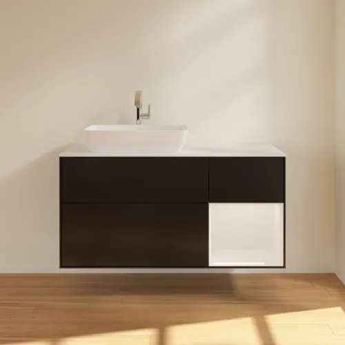VILLEROY BOCH Toaletní skříňka Finion, s osvětlením, 3 výsuvy, 1200 x 603 x 501 mm, černý matný lak / bílý lesklý lak / bílé matné sklo #F811GFPD, obrázek 3