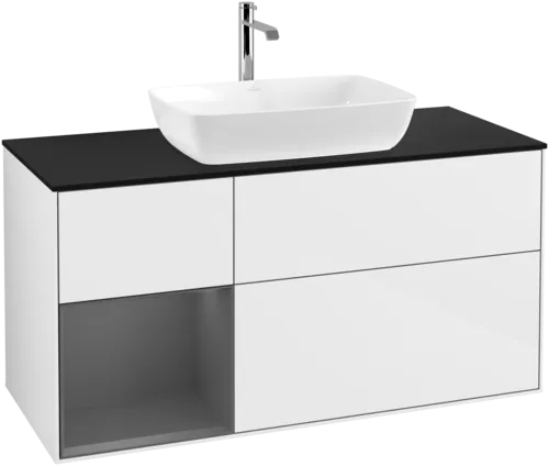 VILLEROY BOCH Toaletní skříňka Finion, s osvětlením, 3 výsuvy, 1200 x 603 x 501 mm, lesklý bílý lak / antracitový matný lak / černé matné sklo #F822GKGF