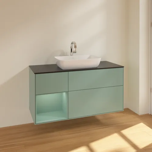 VILLEROY BOCH Toaletní skříňka Finion, s osvětlením, 3 výsuvy, 1200 x 603 x 501 mm, olivově matný lak / olivově matný lak / sklo černé matné #F822GMGM, obrázek 2