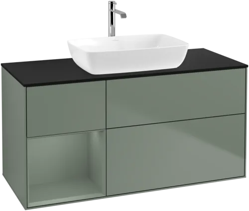 VILLEROY BOCH Toaletní skříňka Finion, s osvětlením, 3 výsuvy, 1200 x 603 x 501 mm, olivově matný lak / olivově matný lak / sklo černé matné #F822GMGM, obrázek 1