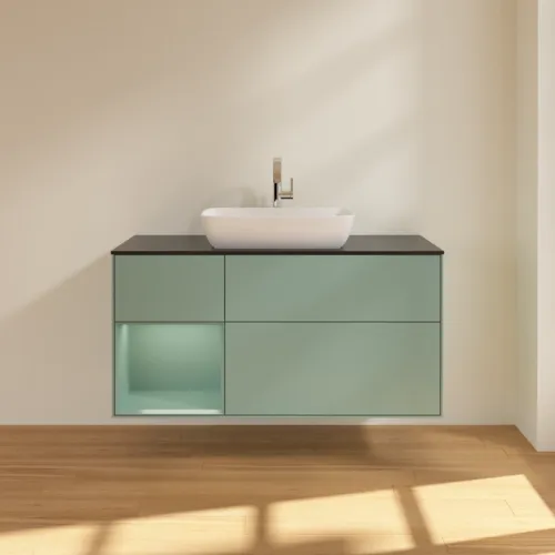 VILLEROY BOCH Toaletní skříňka Finion, s osvětlením, 3 výsuvy, 1200 x 603 x 501 mm, olivově matný lak / olivově matný lak / sklo černé matné #F822GMGM, obrázek 3