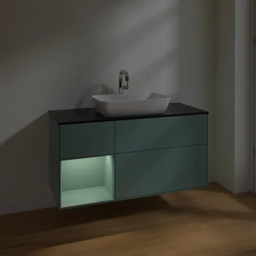 VILLEROY BOCH Toaletní skříňka Finion, s osvětlením, 3 výsuvy, 1200 x 603 x 501 mm, olivově matný lak / olivově matný lak / sklo černé matné #F822GMGM, obrázek 5