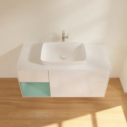 VILLEROY BOCH Toaletní skříňka Finion, s osvětlením, 3 výsuvy, 1200 x 603 x 501 mm, lesklý bílý lak / olivově matný lak / sklo bílé matné #F821GMGF, obrázek 4