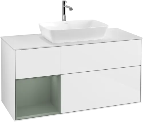 VILLEROY BOCH Toaletní skříňka Finion, s osvětlením, 3 výsuvy, 1200 x 603 x 501 mm, lesklý bílý lak / olivově matný lak / sklo bílé matné #F821GMGF, obrázek 1