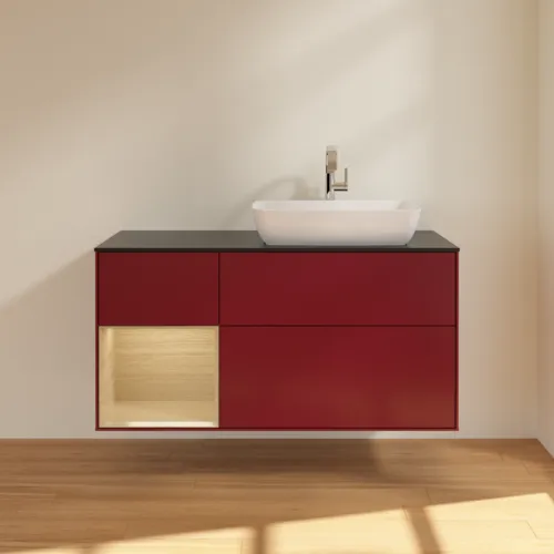 VILLEROY BOCH Toaletní skříňka Finion, s osvětlením, 3 výsuvy, 1200 x 603 x 501 mm, matný lak Peony / dubová dýha / černé matné sklo #F802PCHB, obrázek 3