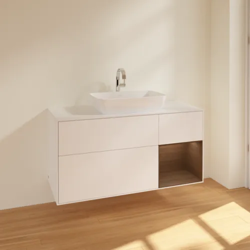 VILLEROY BOCH Toaletní skříňka Finion, s osvětlením, 3 výsuvy, 1200 x 603 x 501 mm, bílý matný lak / ořechová dýha / sklo bílé matné #F831GNMT, obrázek 2