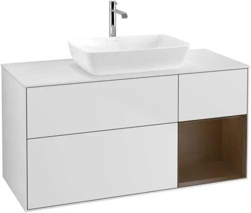 VILLEROY BOCH Toaletní skříňka Finion, s osvětlením, 3 výsuvy, 1200 x 603 x 501 mm, bílý matný lak / ořechová dýha / sklo bílé matné #F831GNMT, obrázek 1